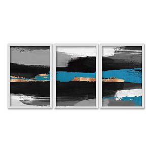 Kit 3 Quadros Decorativos Efeito Pintura Pinceladas Horizontais Pretas e Azuis Abstrato