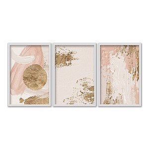 Kit 3 Quadros Decorativos Efeito Pintura Pinceladas de Tinta Rosa Círculo De Ouro