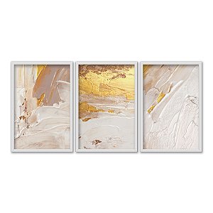 Kit 3 Quadros Decorativos Efeito Pintura Pinceladas de Tinta Rosa Detalhes Dourados