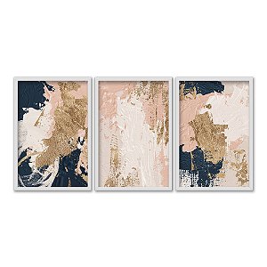 Kit 3 Quadros Decorativos Efeito Pintura Pinceladas de Tinta Azul Rosa Detalhes Dourados