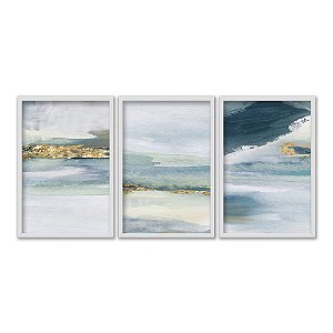 Kit 3 Quadros Decorativos Efeito Pintura Deserto Azul Detalhes Dourados Abstrato