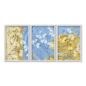 Kit 3 Quadros Decorativos Flores Amarelas Refletidas No Lago Azul Efeito Pintura