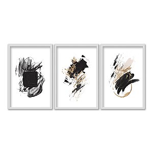 Kit 3 Quadros Decorativos Manchas de Tintas Abstratas Preto Bege Dourado