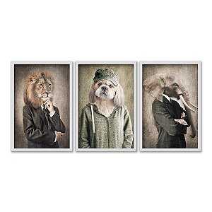 Kit 3 Quadros Decorativos Animais Usando Roupas Humanas Fundo Bege