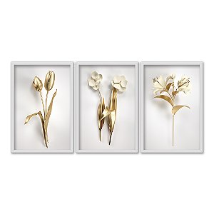 Kit 3 Quadros Decorativos Flores Douradas Sob Superfície Branca