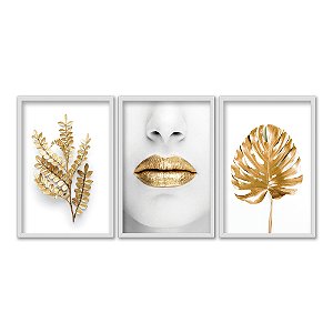 Kit 3 Quadros Decorativos Mulher Com Batom Dourado Plantas Douradas