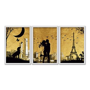 Kit 3 Quadros Decorativos SilhuetaCasal Se Beijando Em Frente Ao Horizonte De de Paris