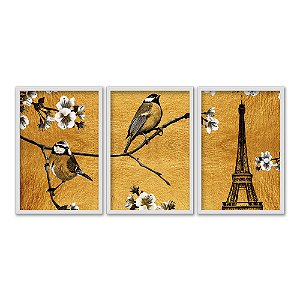 Kit 3 Quadros Decorativos Pássaro Em Um Galho Com Flores Torre Eiffel