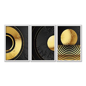 Kit 3 Quadros Decorativos Círculos Sobrepostos Pretos e Dourados Abstrato