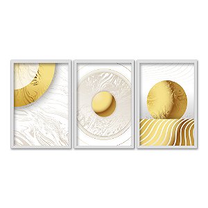Kit 3 Quadros Decorativos Fundo Branco Textura Cículos Dourados Moderno