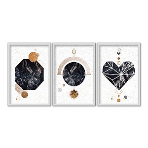 Kit 3 Quadros Decorativos Formas Coração Textura Marmore Fundo Branco Abstrato