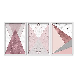 Kit 3 Quadros Decorativos Um Close Up De Uma Parede De Mármore Com Um Desenho Geométrico Rosa E Branco