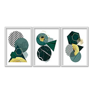 Kit 3 Quadros Decorativos Desenho Geométrico Abstrato Verde E Dourado