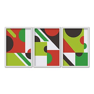 Kit 3 Quadros Decorativos Mosaico Abstrato Colorido Moderno Minimalista Vermelho E Tons De Verde