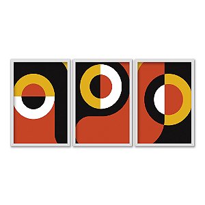 Kit 3 Quadros Decorativos Abstrato Circulos Branco Amarelo Formas Vermelhas
