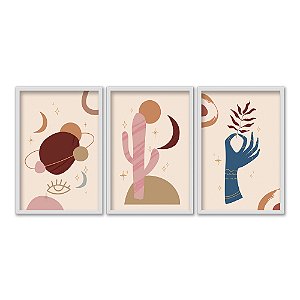 Kit 3 Quadros Decorativos Desenhos Cacto Mão Minimalista Fundo Rosa