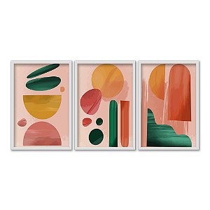 Kit 3 Quadros Decorativos Formas Coloridas Efeito Pintura Fundo Rosa Abstrato