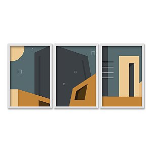 Kit 3 Quadros Decorativos Arquitetura Abstrata Portas Laranja Ciano