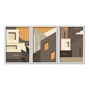 Kit 3 Quadros Decorativos Arquitetura Abstrata Casa Moderna Marrom Laranja