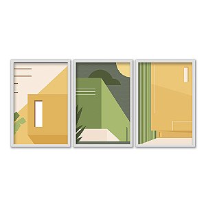 Kit 3 Quadros Decorativos Arquitetura Abstrata Minimalista Casa Verde Amarelo