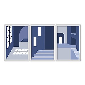 Kit 3 Quadros Decorativos Arquitetura Abstrata Interior Janela Escada Azul
