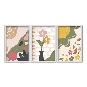 Kit 3 Quadros Decorativos Desenho Abstrato Jardim Flores Folhas