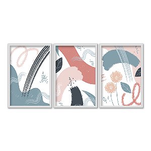 Kit 3 Quadros Decorativos Desenhos Abstratos Flores Linhas Ciano Vermelho
