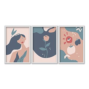 Kit 3 Quadros Decorativos Desenho Abstrato Mulher Flor Olho Ciano Bege