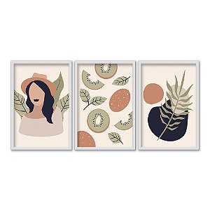 Kit 3 Quadros Decorativos Mulher Kiwis Formas Abstratas Fundo Bege