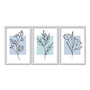 Kit 3 Quadros Decorativos Retângulos Azuis Desenho Galhos E Flores