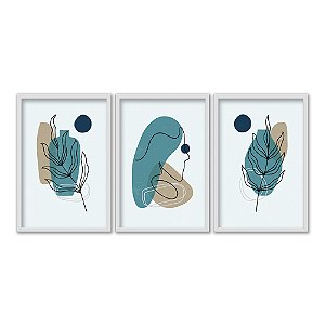 Kit 3 Quadros Decorativos Fundo Azul Bebê Formas Ciano Bege Plantas Abstrato