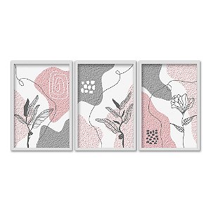 Kit 3 Quadros Decorativos Manchas Texturizadas Rosa e Cinza Plantas Abstrato