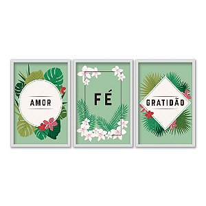 Kit 3 Quadros Decorativos Amor Fé Gratidão Floral Fundo Verde