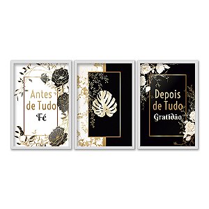 Kit 3 Quadros Decorativos Quadro Preto e Branco Frase Religiosa Floral Dourado