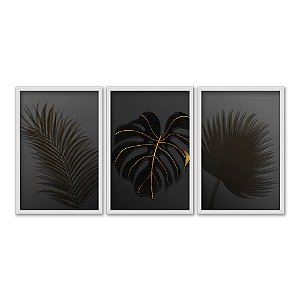 Kit 3 Quadros Decorativos Pantas Escuras Detalhes Dourados Fundo Escuro