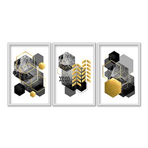 Kit 3 Quadros Decorativos Desenho Geométrico Texturizado Dourado Preto E Branco Abstrato