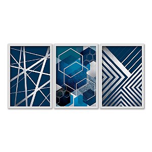 Kit 3 Quadros Decorativos Fundo Geométrico Azul E Branco Listras Abstrato Metalico