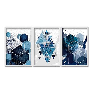 Kit 3 Quadros Decorativos Desenho Geométrico Azul E Branco Fundo Branco E Cinza