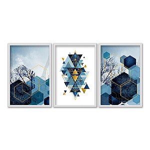Kit 3 Quadros Decorativos Hexágono Triângulos Azuis Detalhes Dourados Galhos Abstrato