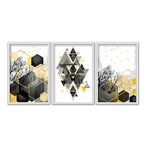 Kit 3 Quadros Decorativos Hexágono Triângulos Preto E Branco Detalhes Dourados Galhos Abstrato