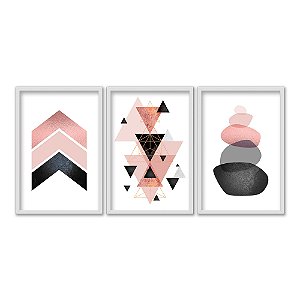 Kit 3 Quadros Decorativos Setas Triangulos Formas Abstratas Rosa Abstrato