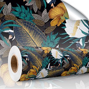 Papel de parede Autoadesivo Quarto Floral Folhagem Abstrato Dourada Branca E Verde Fundo Preto