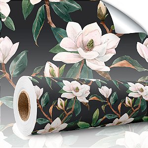 Papel de parede Autoadesivo Quarto Ramos Com Flores Magnólia Fundo Preto