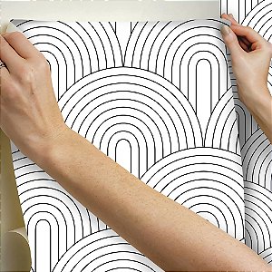 Papel de parede Autoadesivo Quarto Linhas Abstratas Curvas Pretas Fundo Branco