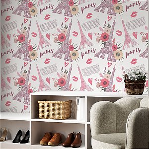 Papel de parede Autoadesivo Quarto Teen Paris Rosa Torre Eiffel Floral