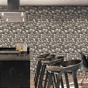 Papel de Parede Adesivo Vinil Pedras Efeito Realismo Rústico Cinza Sala Cozinha Varanda Gourmet