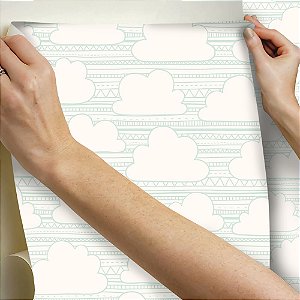 Papel de parede Autoadesivo Infantil Nuvens Fundo Branco Linhas Verdes