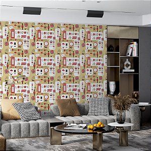 Papel de parede Autoadesivo Sala Londres Com Simbolos Fundo Bege