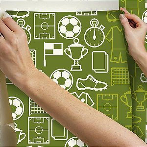 Papel de parede Autoadesivo Quarto Simbolos De Futebol Branco Com Fundo Verde