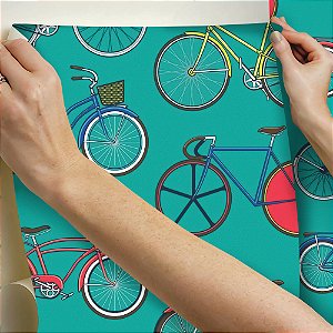 Papel de parede Autoadesivo Quarto Bicicletas Vintage Coloridas Com Fundo Verde